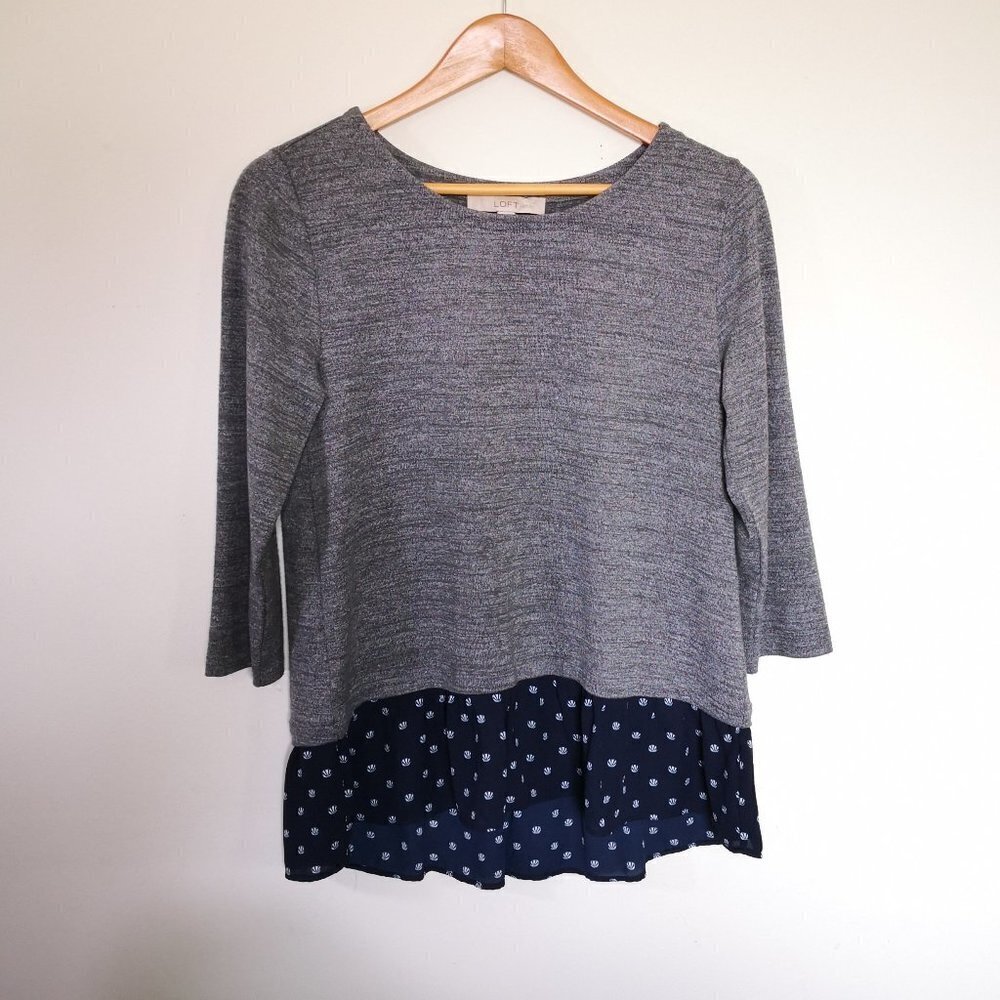 New LOFT Women's Sweater Grey With Blue Floral Hem Size S
